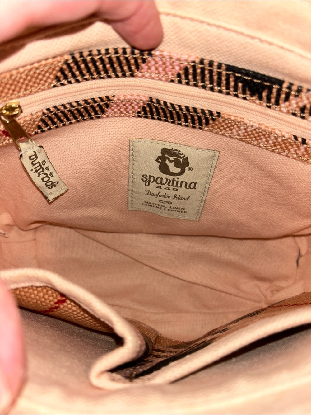 Spartina 449 Tan Nova Plaid Linen Leather Preppy Crossbody Bucket Tote Bag - Picture 9 of 16
